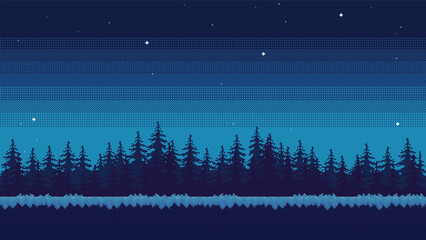 Wall Mural - Pixel art forest at night background. Seamless landscape for game or application.