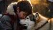 Kleiner Junge flüstert vertraut zu seinem Husky Hund