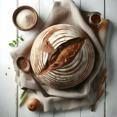 A loaf of rye bread on a linen cloth, white wooden background