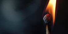 A Close-up Of A Burning Wooden Match On Black Background. Match Head With Burning Gray At The End, Flames, Copy Space. Creative Banner Of Energy, Fuel Industry.