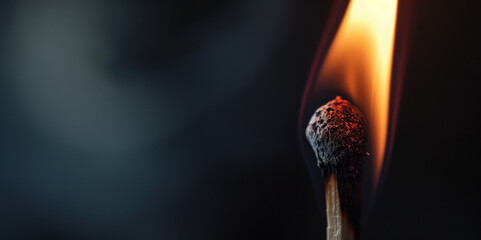 A close-up of a burning wooden match on black background. Match head with burning gray at the end, flames, copy space. Creative banner of energy, fuel industry.