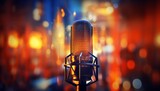 Fototapeta  - Studio condenser microphone with blurred background and audio mixer   musical instrument concept