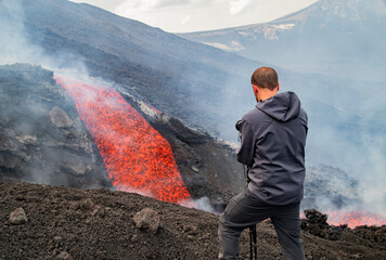 Eruptive vent with lava emis at the top of the Etna volcano