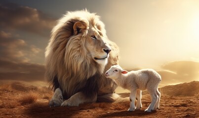 Wall Mural - A Majestic Lion and Gentle Lamb Sharing a Peaceful Moment in the Vast Desert