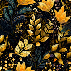 gold graphic illustration leaves in the forest on black background seamless pattern. high quality