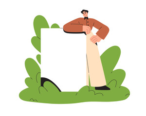 Poster - Man with blank paper sheet. Business character showing empty document, vertical banner, poster, board. Person showing placard in nature. Flat graphic vector illustration isolated on white background