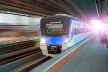 Poster - Suburban high speed passenger train arrives at platform station. Around blurry speed effect. The concept of modern comfortable fast passenger transportation in the region