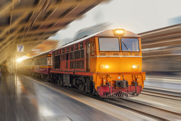 Poster - Locomotive diesel passenger train departs from the station speed motion blur