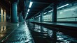 flooded subway station, empty and eerily quiet, focusing on urban infrastructure failure. The color palette should play on the unnatural scene with artificial subway lights and dark water