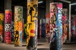 © ManusiaIkan - Graffiti-covered dark concrete pillars creating an energetic and dynamic environment, Generative AI