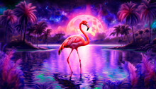 Pink Flamingo On The Shore Of The Blue Ocean, Palm Trees, Blue Sky, Sun. Paradise Landscape