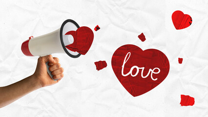 Wall Mural - Poster. Contemporary art collage. Person holding megaphone with red hearts with inscription love coming out of it. Old paper filter. Concept of Valentines Day, love, date, relationship, feelings.