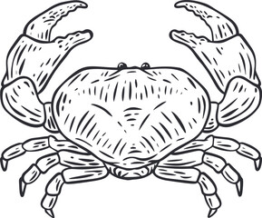 Wall Mural - Hand drawn monochrome crab in cartoon retro style. Realistic vintage silhouette sea animal. Design element for branding restaurant, shop. Sketch vector illustration.