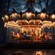 Carousel in the city park at night. Beautiful winter background.