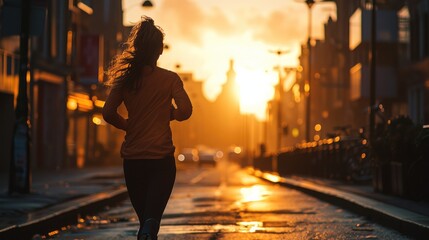 Wall Mural - Rear view. A Runner woman on street, Urban Environment Fitness. Generative AI.