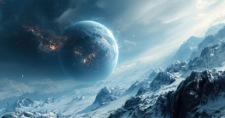 Poster - Small planet on an orbit of a massive planet. Generative AI.
