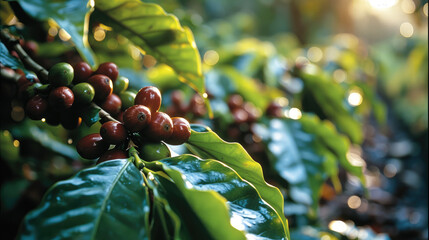 Wall Mural - Coffee plants, Close up Red Cherry coffee beans on the branch of coffee plant. Generative AI.