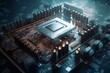 Global database. Motherboard, processor, CPU, quantum computer 3D illustration. High tech, Blockchain, Cyberspace, Innovation and technology. Generative AI