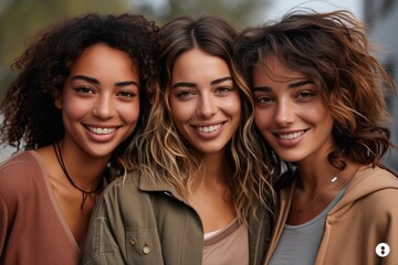 Sticker - Young multicultural models looking at camera and laughing isolated on white background. Generative AI.