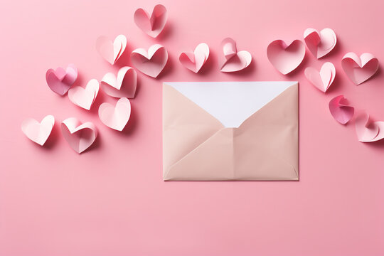 Pink envelope surrounded by paper hearts and pink background. Concept of a letter that crazy lovers send each other