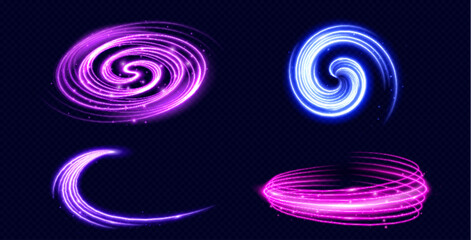 Wall Mural - Light circle and spin neon elements with swoosh effect and sparkles. Realistic vector set of magic glowing swirl and spiral lines with flying luminous particles. Flare round trail with glitter.