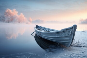 Poster - boat on the lake at sunset in winter