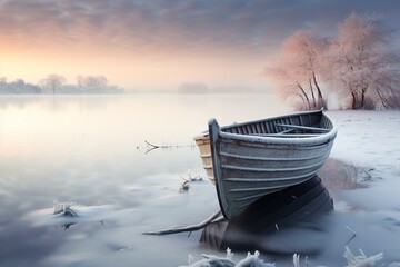 Wall Mural - boat on the lake at sunset in winter