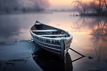 Canvas Print - boat on the lake at sunset in winter