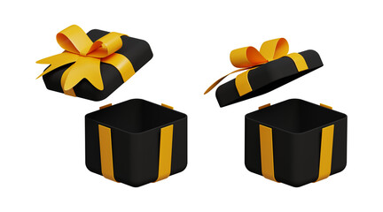 3D open gift boxes. Festive celebration, special event, birthday, party, wedding, anniversary, valentine, christmas or new year gift. Set of two black gift boxes with golden ribbon. 3d illustration