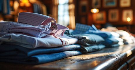 Poster - Stack of dress shirts, Copy space. Generative AI.