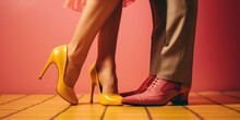 Couple In High Heels Close Up In Front Of A Pink Wall. Yellow And Pink Shoes. Valentine's Day Vibes. Image For Poster Retro-themed Event Or Party. Banner With Copy Space