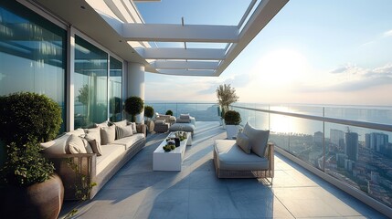 Aufkleber - A luxurious balcony in a high-rise penthouse. Generative AI.