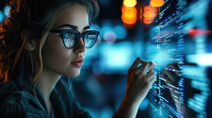 Leinwandbilder - Data hologram and woman with code analytics, Programmer coding or IT person in glasses reading programming and cyber security research. Generative AI.