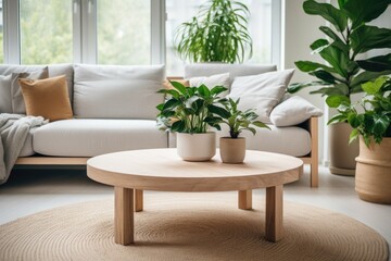 Sticker - Cozy living room featuring a table, houseplant, and carpet.