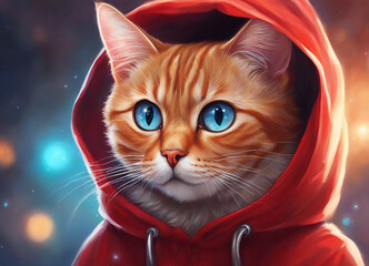 Wall Mural - Cat wearing glasses. Cat in a red hoodie. Round glasses. Ginger cat close up. Fantastic background. AI generated