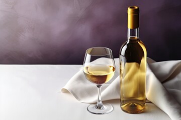 Top view of expensive white wine bottle with blank matte label, two glasses, and purple napkin on a luxurious background.