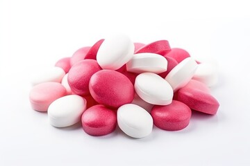 Poster - White background with red candies and icing Strawberry sweets with white chocolate Colored icing on round candies A pile of sugar coated almonds