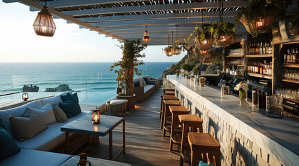 Wall Mural - outdoor open floor bar with an ocean view. generative ai.