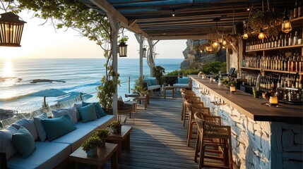Poster - Outdoor open floor bar with an ocean view. Generative AI.