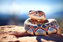 Rattlesnake Coiled On A Sunlit Rocky Surface