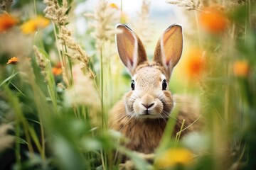 rabbit hiding in tall grass with garden flowers ahead