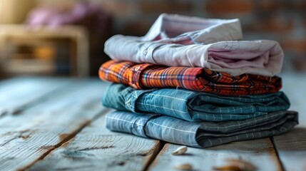 Poster - Stack of classic shirts on white wooden table. Generative AI.