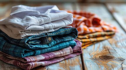 Poster - Stack of classic shirts on white wooden table. Generative AI.