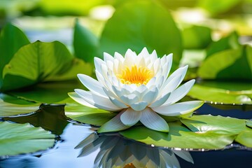 Poster - Gorgeous white lotus with green leaf in pond.