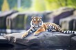 sumatran tiger lying on a rock in the sunshine