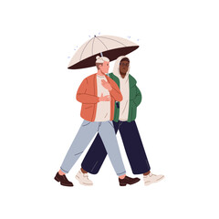 Wall Mural - Happy guys walking with umbrella in rainy weather together. Friends shares same parasol, hiding from rain. Young men holding brolly, strolling. Flat isolated vector illustration on white background