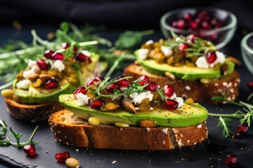 Poster - Vegetarian sandwiches with clean, healthy avocado toast on rye bread, featuring cream cheese, arugula, avocado, dried cranberries, pumpkin, hemp, sesame seeds, and seasonings.