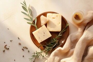 Poster - Ingredients for natural handmade soap, top view on beige background. Text space available.