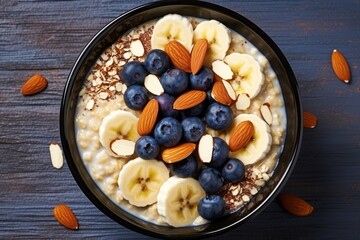 Canvas Print - Top view of a breakfast bowl containing oats, bananas, blueberries, chia seeds, and almonds.