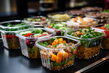 Takeaway prepared food in glass bowls.